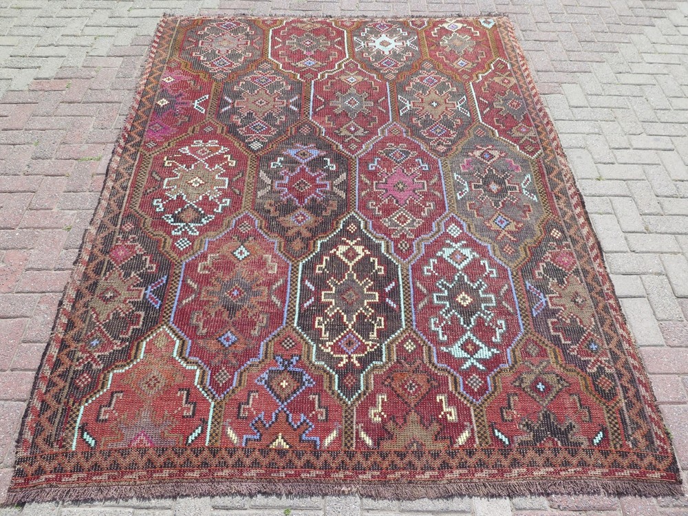 Turkish Kilim Wool Rug, Handmade Floor Carpet, Embroidery Area Rugs 75"x102"