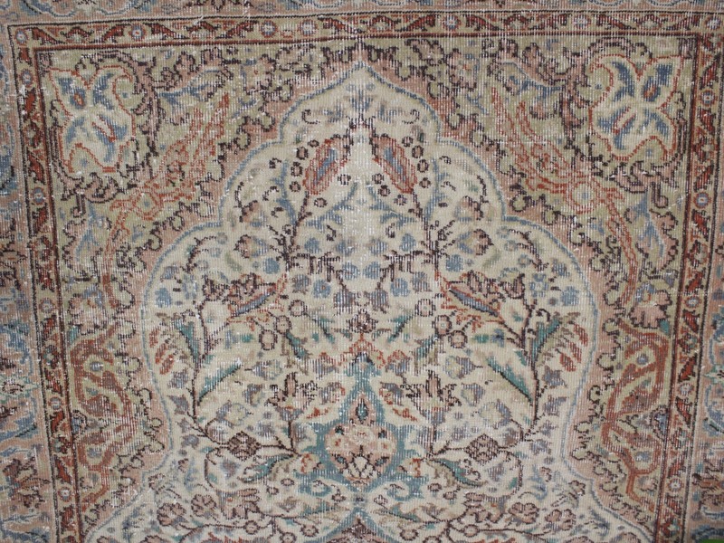 Vintage Turkish Rug 4.3x7.9 ft – Hand Knotted Wool Carpet, Beige Rust & Blue gallery