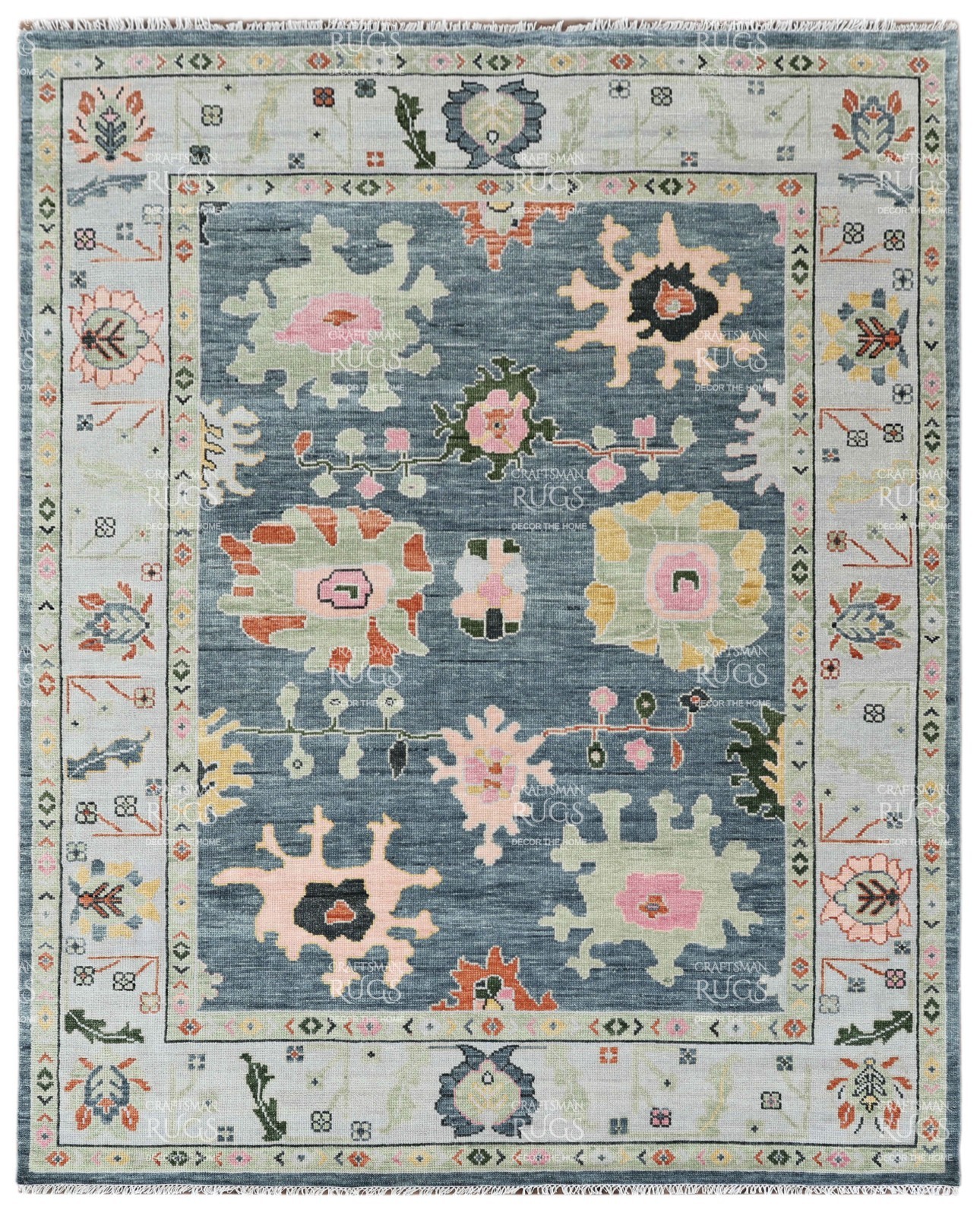 Handknotted Blue-Gray Floral Geometric Rug 8x10 ft gallery