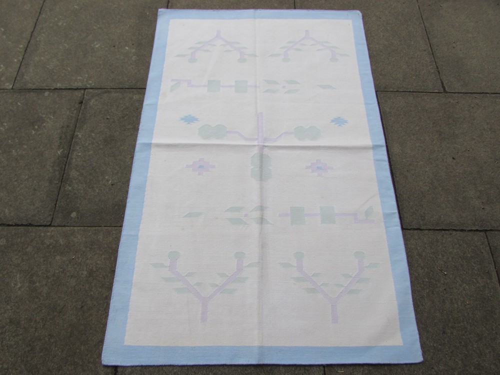 Old Traditional Hand Made Indian Dari Oriental Blue Pink Cotton Kilim 149x94cm