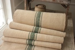 Antique Vintage STAIR RUNNER HEMP fabric per ONE YARD length DARK GREEN STRIPES