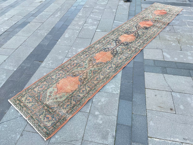 Vintage Turkish Oushak Runner Rug 2.4x13.6 Ft Hand-Knotted Muted Orange Gold gallery