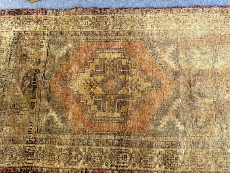 Vintage Handknotted Turkish Oushak Wool Rug 3x6 ft Faded Olive Copper Distressed gallery