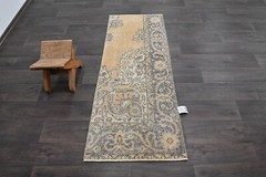 Vintage Turkish Runner Rug 2x5ft Wool Anatolian Handmade Hallway Oushak BEIGE