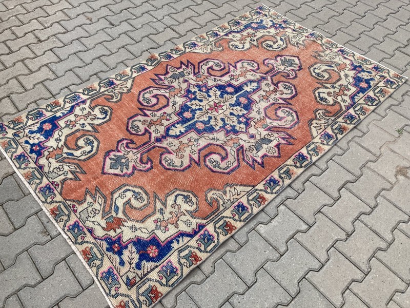 Pink Area rug, Turkish rug, Vintage Rug, Wool rug, Large rug, 4.2 x 7.2 ft gallery