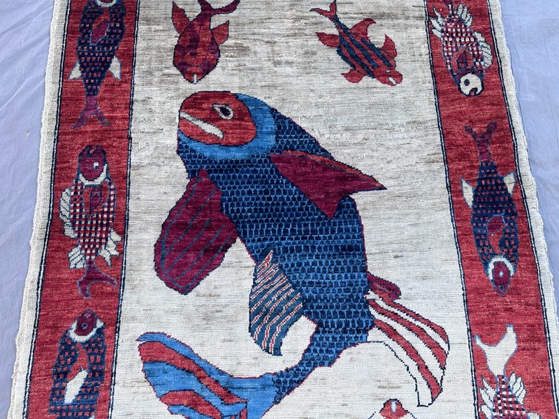 Hand Knotted Afghan Wool Rug 3x5 Pictorial Fish Red Border Area Carpet gallery