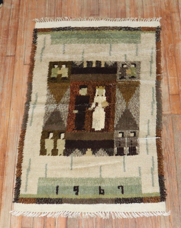 Vintage Pictoral Swedish Rya Pile Dated 1967 Dowry Rug Size 2'6''x4'2'' gallery