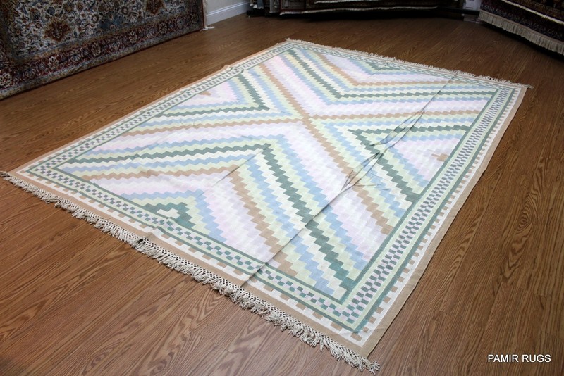 SOUTHWESTERN STYLE Hand made 8X10 WOVEN LIGHT BLUE BEIGE & KHAKI Navajo design gallery
