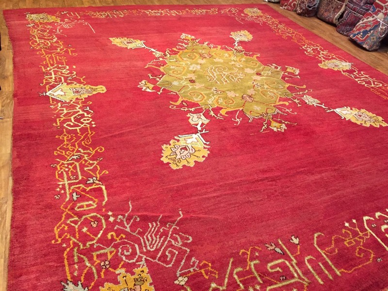 Antique Hand Knotted Turkish Ushak Size 10'5" x 12ft 3" Red Color Circa 1920s gallery