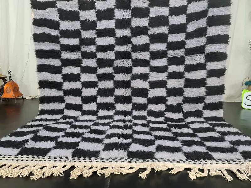 Handmade Moroccan Beni Ourain Rug 5'5"x8'1" Checkered Black Gray Berber Carpet gallery