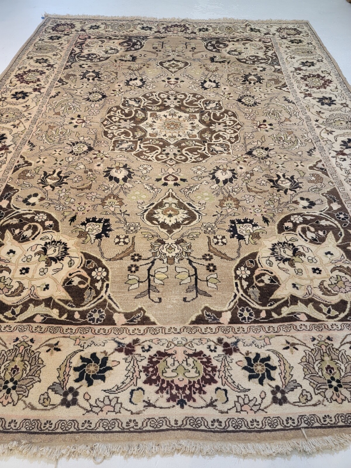 Antique Oriental Hand-Knotted Wool Area Rug Beige/Ivory/Green/Brown 9' x 12'3" gallery