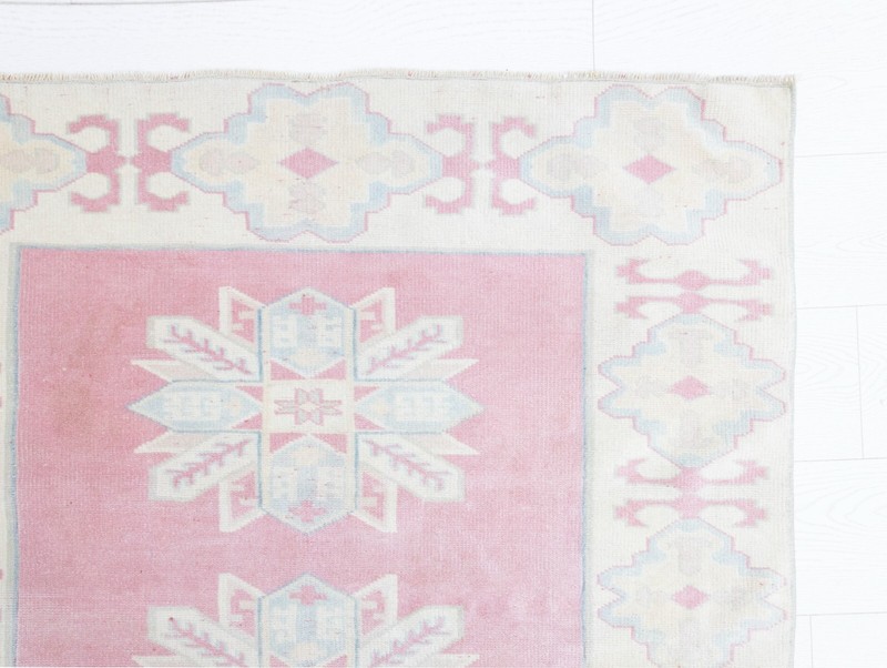 Modern Turkish Oushak Pink Blue Vintage Rug 4x5.5 ft Hand-Knotted Wool Carpet gallery