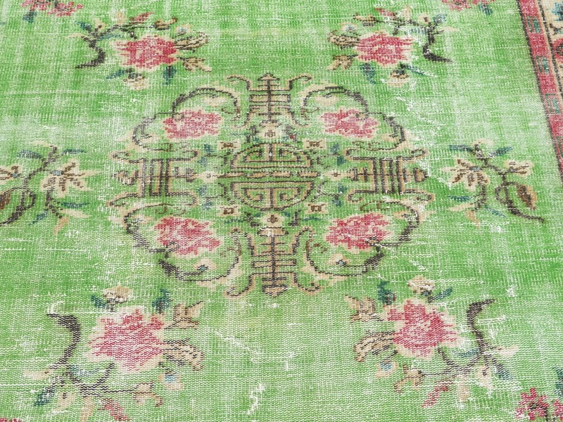 Vintage Turkish Handmade Carpet, Green Distressed Large Floor Boho Rug 75"x111" gallery