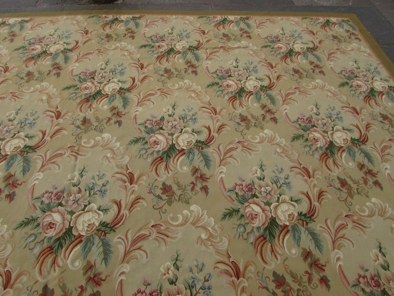 Vintage Hand Made French Design Wool Beige Green Original Aubusson 440X312cm gallery