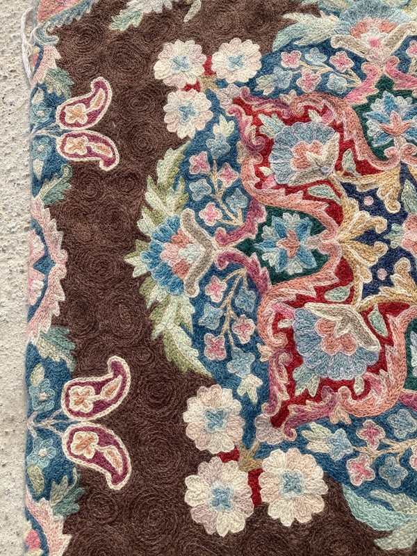 Vintage Handmade Kashmir Crewel Floral Paisley Wool Embroidered Rug 89x59 cm gallery