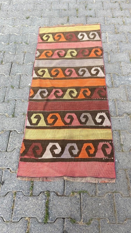 Turkish Vintage Handmade Kilim Rug, 2.1 x 5.1 ft Bedroom Rug, Antique Oushak Rug gallery