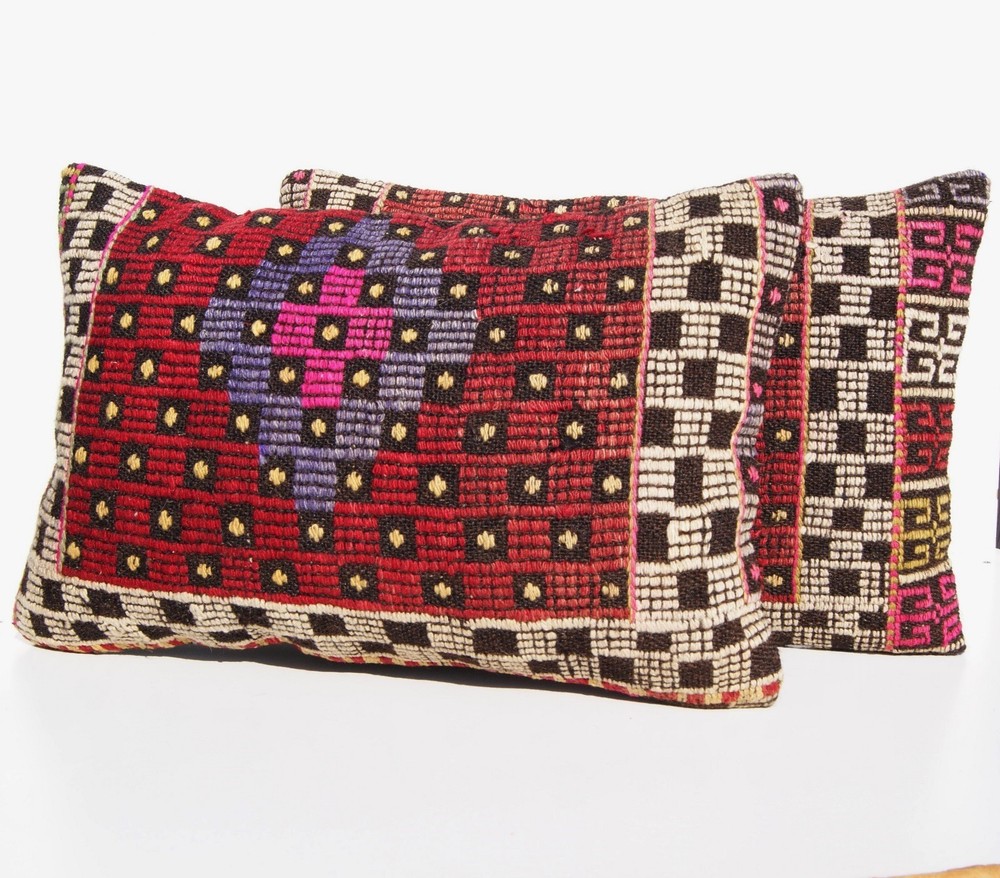 Handwoven Turkish Wool Pillows Geometric Design Set of 2 (60x40 cm) 24"X16"