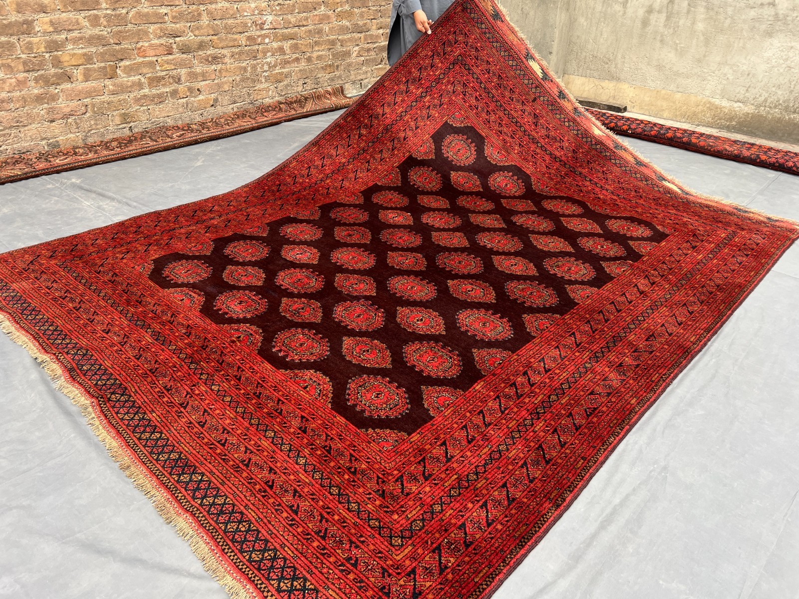 Antique Turkmen Ersari 7' x 9'4" Handwoven Rug Faded Burgundy Red Geometric Rug gallery