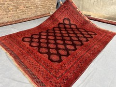 Antique Turkmen Ersari 7′ x 9’4″ Handwoven Rug Faded Burgundy Red Geometric Rug