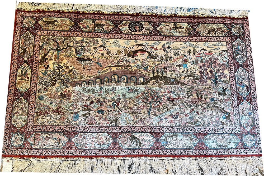 A Vintage 700+ Kpsi Silk On Silk Pictorial Turkish Hereke Rug gallery