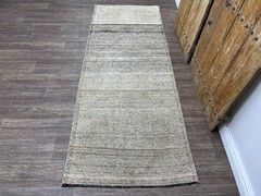 3×9 Beige Brown Vintage Turkish Oushak Hallway Runner, Hand-Knotted Wool Rug