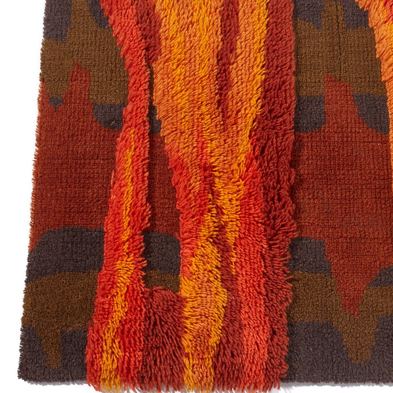 Mid Century Scandinavian High Pile Red and Orange Rya Rug gallery