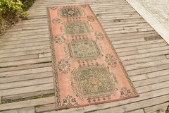 Turkish Rug 3×7 Oushak Oriental Runner Vintage Pink Hallway Carpet 39”x94”