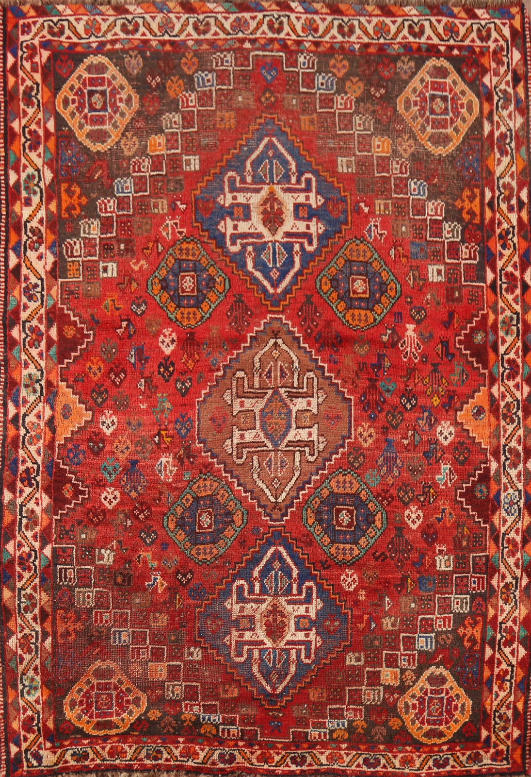 Semi-Antique Red/ Ivory Hand-made Wool Geometric Tribal Vegetable Dye Rug 4x5 gallery