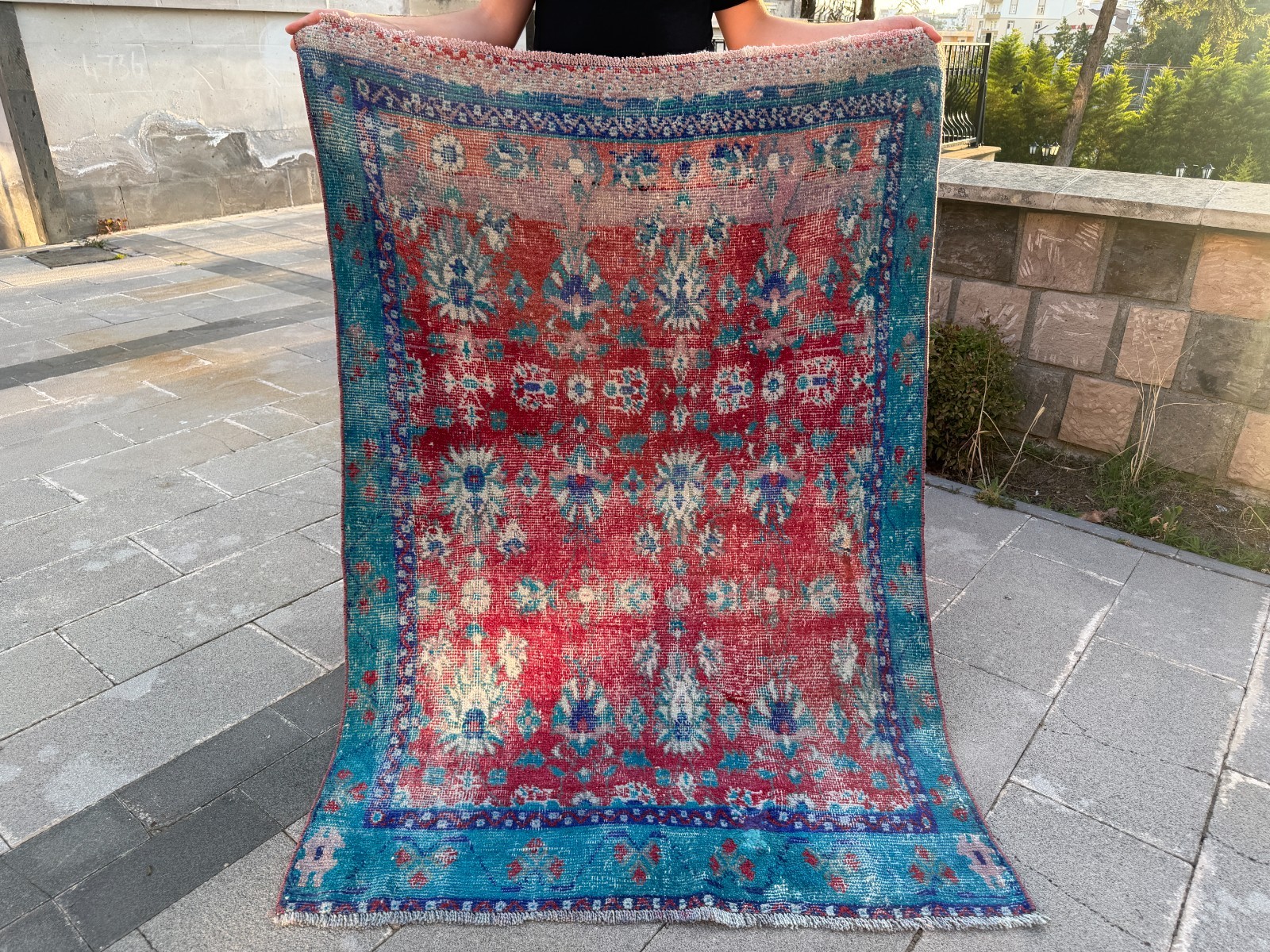 Vintage Turkish Rug 3.8x5.6 Ft Teal Coral Distressed Wool Area Rug Handmade gallery