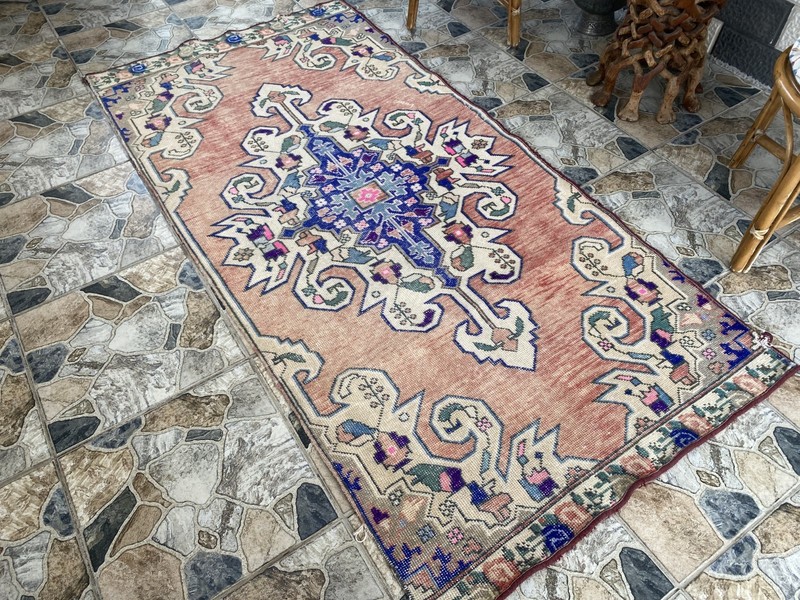 3x7 ft Vintage Turkish Area Rug Red Blue Oriental Anatolian Medallion Floral Rug gallery