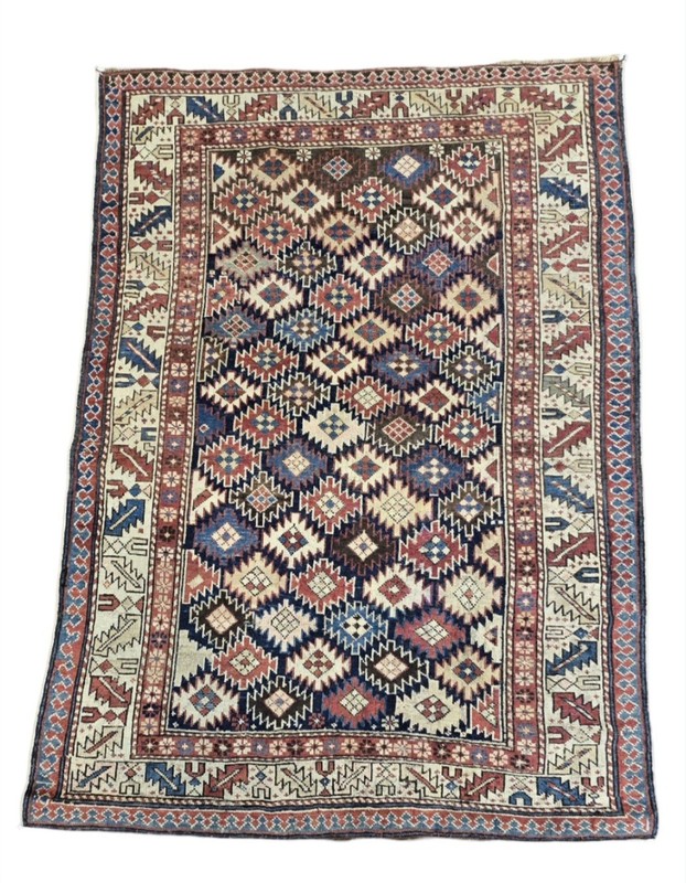 1880 Antique Caucasian Shirvan Rug 3ft 9" By 5ft Navy Ground Ivory Blue Bronze gallery