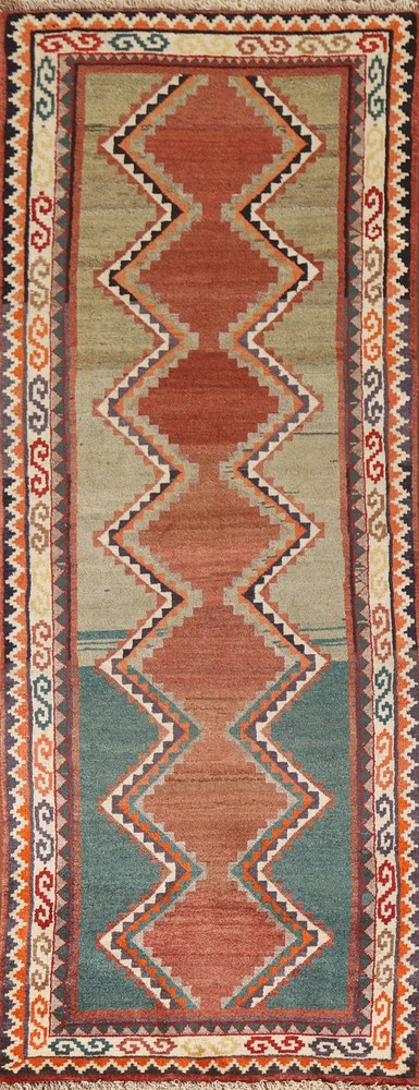 Geometric Gabbeh Rust/ Green 9 ft Runner Wool Hand-knotted Tribal Rug 3x9 Carpet