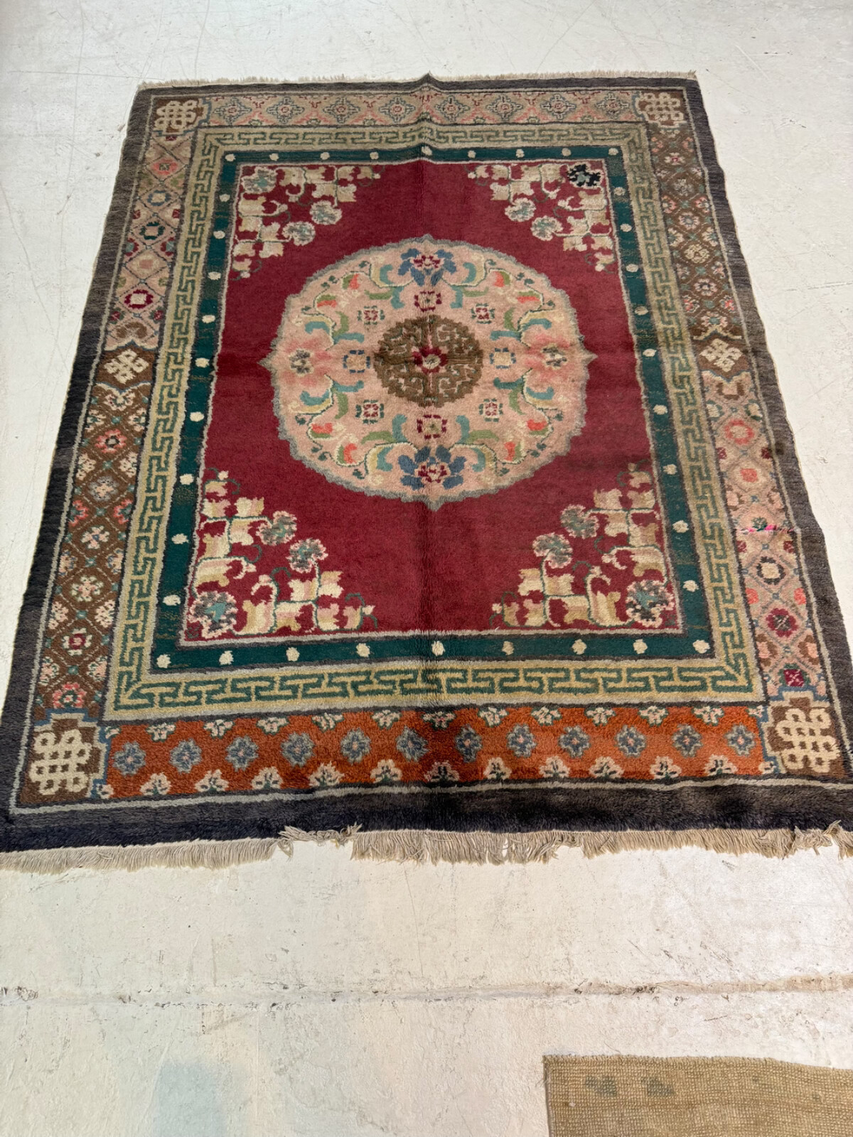 Antique Oriental Hand-Knotted Wool Area Rug Mongolian Rare Red/Ivory 4'10" x 6'3 gallery