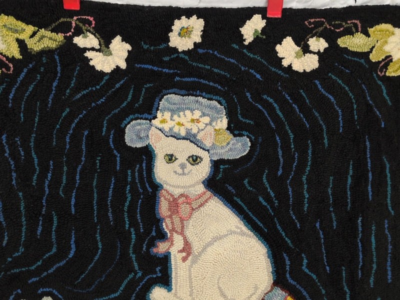 Antique VTG Hooked Rug Wool Cat Kitten In Hat 35x30 Hand Made Black White Floral gallery