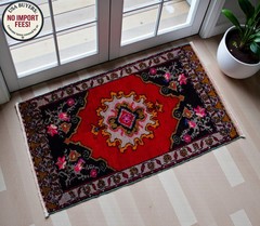 Vintage Oushak Small Rug 22″ x 38″ Hand Knotted Red Turkish Wool Mat Boho Decor