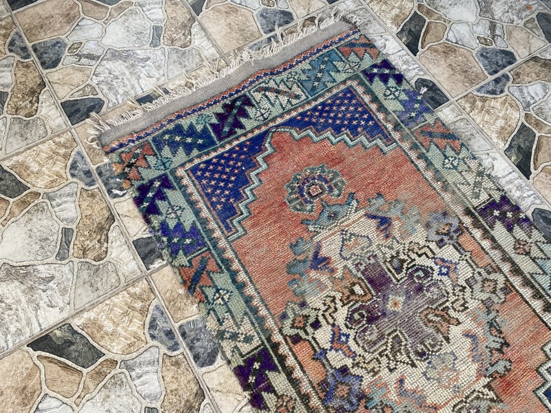 1970s Vintage Turkish Runner Rug | 2.5 x 10.3 ft Hand-Knotted Wool Geometric Rug gallery