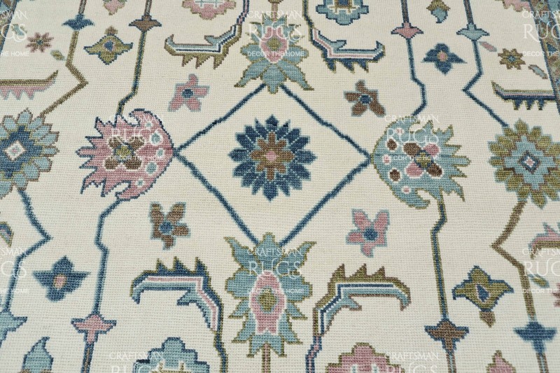 Oushak-Style Floral Geometric Rug – Blue & Pink Accents 8x10 ft gallery
