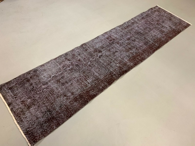 Distressed Turkish Runner 285x70 cm wool Vintage rug, Overdyed Brown gallery
