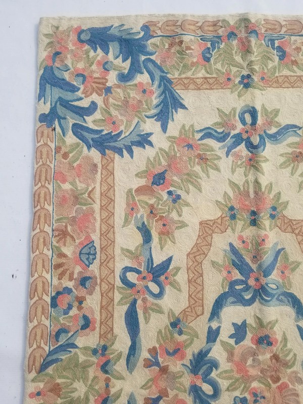 Vintage Traditional Handmade Kashmiri Chain Stitch Wool Beige Kilim 4.11x2.11ft gallery