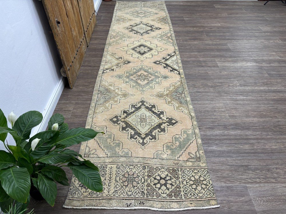 3x13 Hand-Knotted Oriental Turkish Runner, Vintage Pink Oushak Hallway Runner