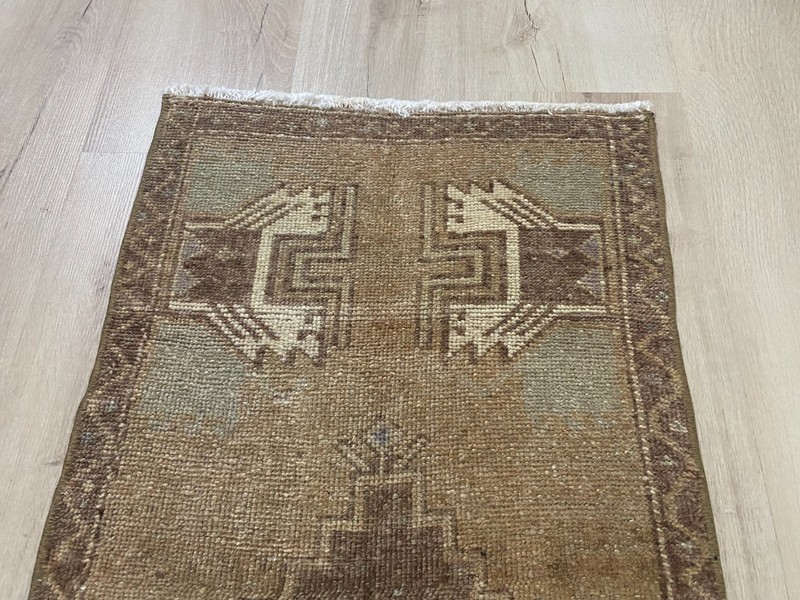 Vintage Turkish Rug Handmade Wool Brown Anatolian Runner Rug 1.5x2.8 Ft gallery