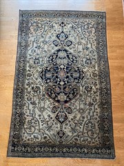 Fine Antique Feraghaan Rug C. 1880-1900 4 x 6 Ivory Ground Navy Blue Pale Rose