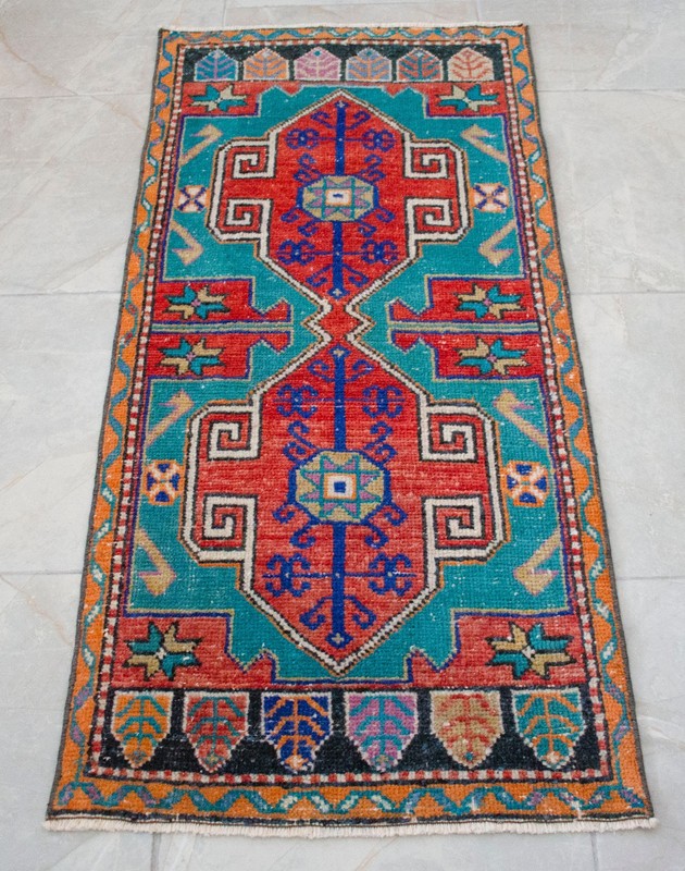 Vintage Distressed Small Area Rug Hand Knotted Oushak Rugs Yastik -1'10"x4' gallery