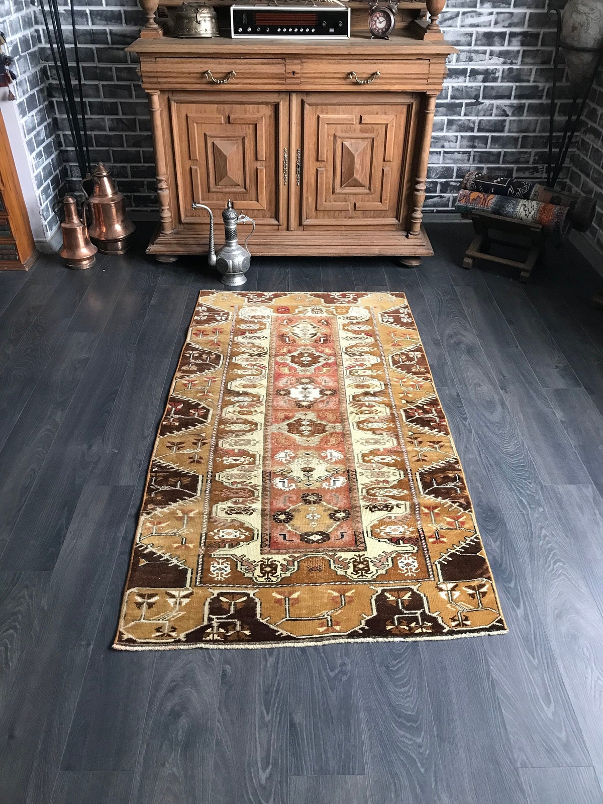 3.3x6 Medium Vintage Brown Turkish Oushak Wool Rug gallery
