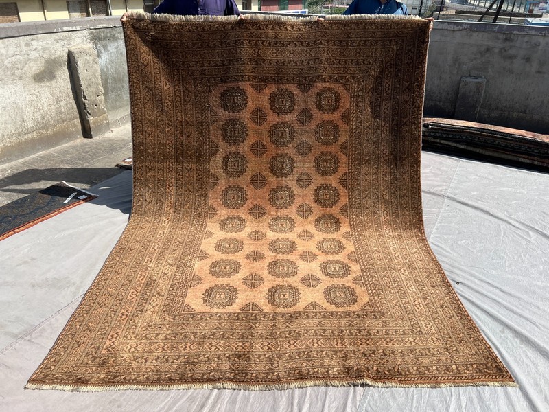 Hand Knotted Antique Terracotta Rug 7x9 ft Beige Afghan Turkmen Geometric Carpet gallery