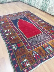 Antique Brown Prayer Rug Geometric Pictorial Vintage Turkish Decor Handmade Rug