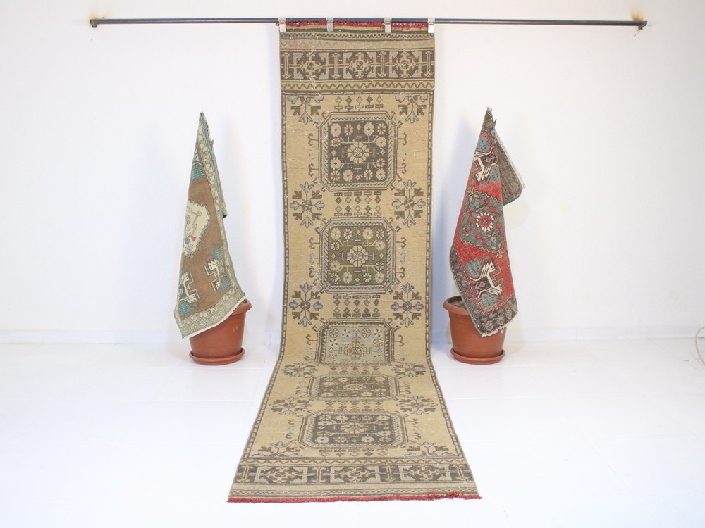 3x11 Ft Beige Runner Rug, Handmade Runner, Vintage Muted Hallway Rug, 2.7x10.8