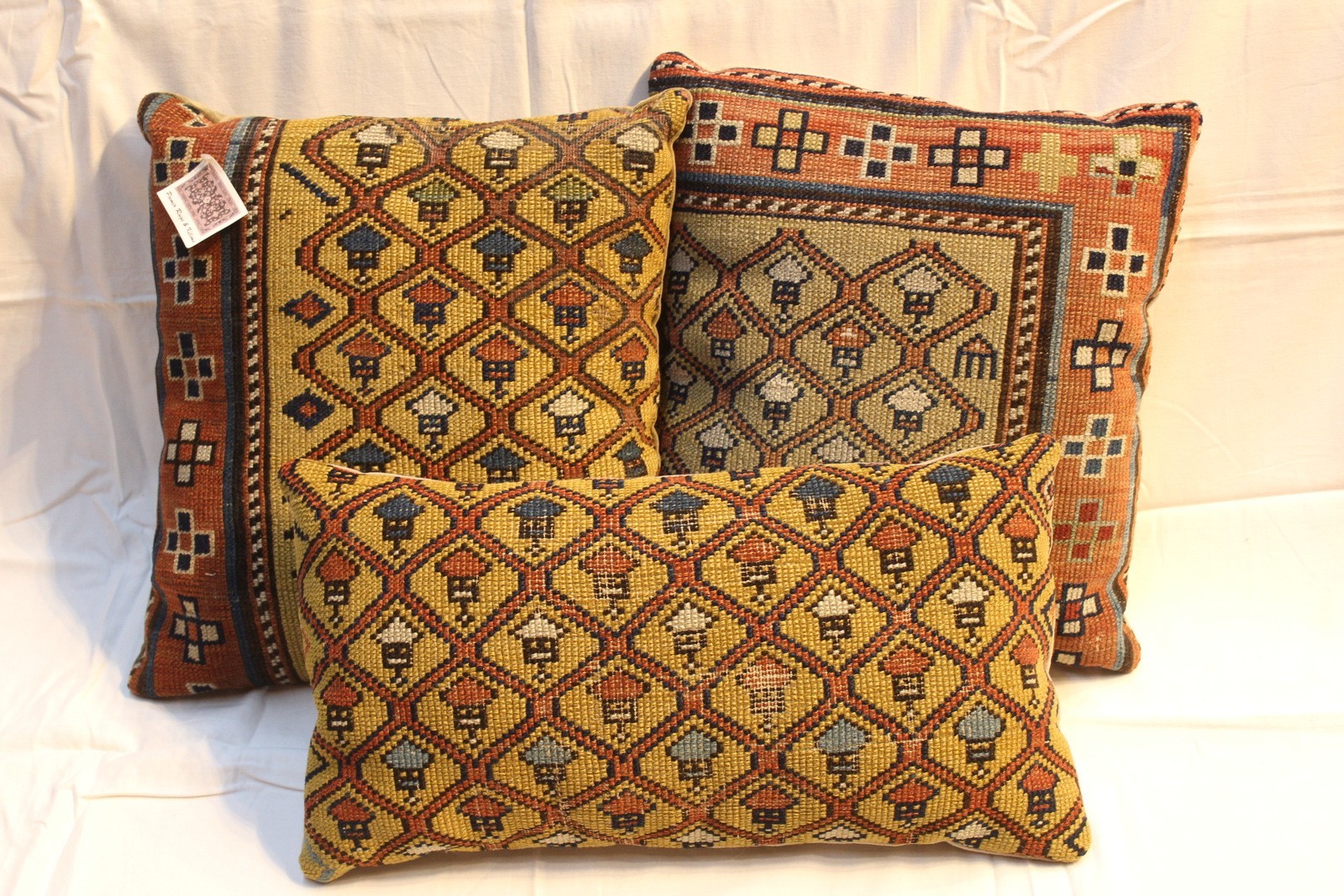 3 Handmade Pillow made out of Antique Caucasian Shirvan GOLD AND ORANGE gallery