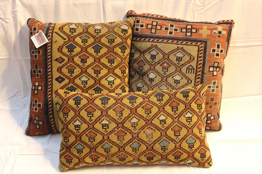 3 Handmade Pillow made out of Antique Caucasian Shirvan GOLD AND ORANGE