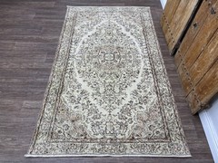 5×8 One of a Kind Hand-Knotted Wool Beige Green Brown Vintage Turkish Area Rug
